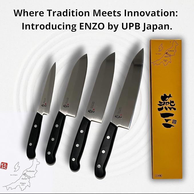 Japanese Chef Knife, 7 inch Gyuto by Enzo, Hand Forged, Tsubame Sanjyo Stainless Steel, Light Weight, Wear/Corrosion Resistance, 11.8 inch Total Length