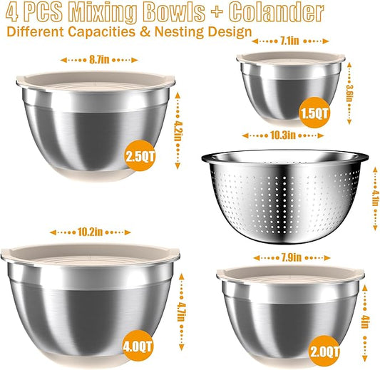 Mixing Bowls with Airtight Lids Set, 4 Stainless Steel Bowls Nesting Bowls & Colander, Kitchen Organizers and Storage Non-Slip Bottom, Size 1.5/2.0/2.5/4.5QT, Great for Mixing & Serving, Khaki