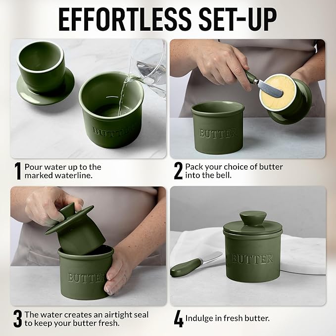 Zulay Kitchen Porcelain Butter Crock With Lid & Knife - Authentic French Butter Dish For Fresh & Spreadable Butter - Jade Green