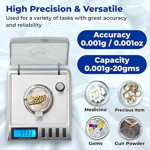 AWS Gemini-20 Milligram Scale 20g x 0.001g–Digital Jewelry/Lab Scale for Powder, Gold, Gems – Includes Calibration Weights, Tweezers & Tray–Tare, Cal, 6 Units (Gemini - 20 - Silver)