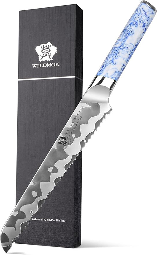 WILDMOK 8 Inch Serrated Bread Knife, 7 Layers Clad Steel 10Cr15CoMoV Core Steel, Professional Kitchen Knife Bread Cutting Knifewith Resin Handle - Qing Series