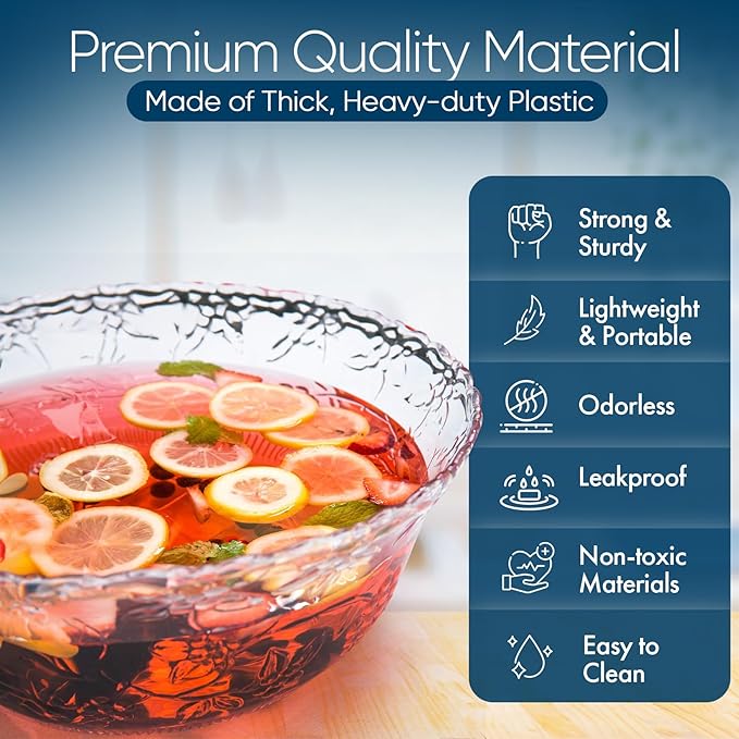 Premium Large Clear Punch Bowl Plastic Lightweight 2 Gallon with Clear Plastic Serving Ladle 5 oz Embroidered Design 8 Quart Serving Bowl