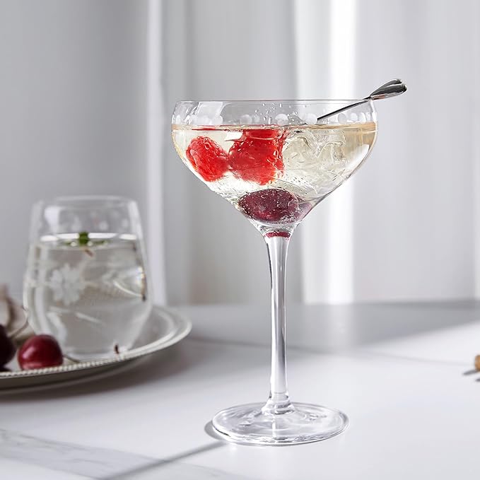 Royalrose Premium Delight Coupe Glasses Set of 4, 10.8 oz – Hand-Blown with Etched Long Stem, Classic Glassware for Weddings, Dinners, and Holiday Gifting (Coupe Glasses)