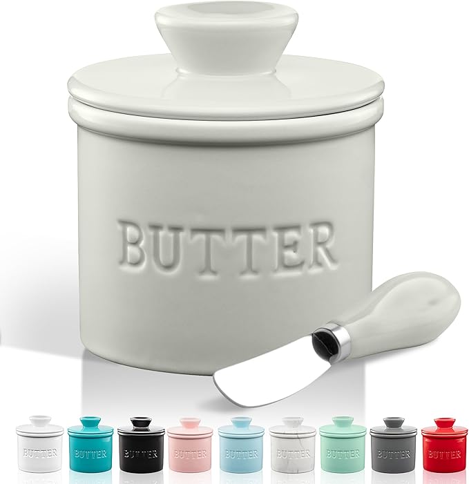 Zulay Kitchen Butter Crock With Lid & Spreader Knife for Countertop - Ceramic French Butter Dish Keeper For Fresh & Spreadable Butter - Light Gray