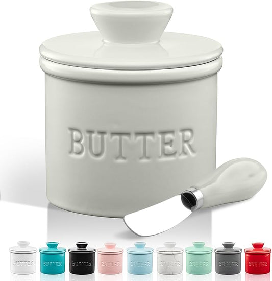 Zulay Kitchen Butter Crock With Lid & Spreader Knife for Countertop - Ceramic French Butter Dish Keeper For Fresh & Spreadable Butter - Light Gray