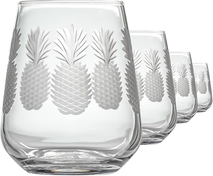 Rolf Glass Fresh Pineapple Stemless Wine Glass | 15.75oz Stemless Tumblers | Lead-Free and Diamond-Wheel Engraved | Tropical Coastal Etched Glassware with Pineapple Design | Set of 4