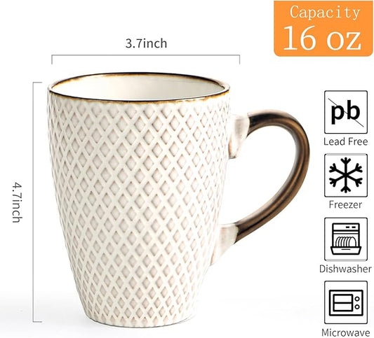 Ceramic Coffee Mug Set - 16 Oz Large Coffee Mugs - Embossed Stoneware Cups with Handle for Latte Tea Cappuccino Cocoa - Microwave Dishwasher Safe - Set of 4 - Square Pattern