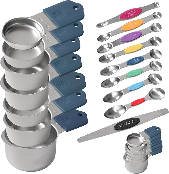 Magnetic Measuring Cups and Magnetic Measuring Spoons Set of 16, Heavy Duty 304 Stainless Steel Cups and Spoons With Leveles For Cooking & Baking (Blue)