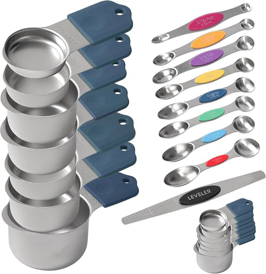 Magnetic Measuring Cups and Magnetic Measuring Spoons Set of 16, Heavy Duty 304 Stainless Steel Cups and Spoons With Leveles For Cooking & Baking (Blue)