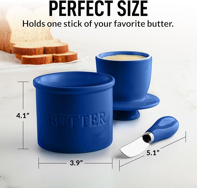 Zulay Kitchen Porcelain Butter Crock With Lid & Knife - Authentic French Butter Dish For Fresh & Spreadable Butter - Blue