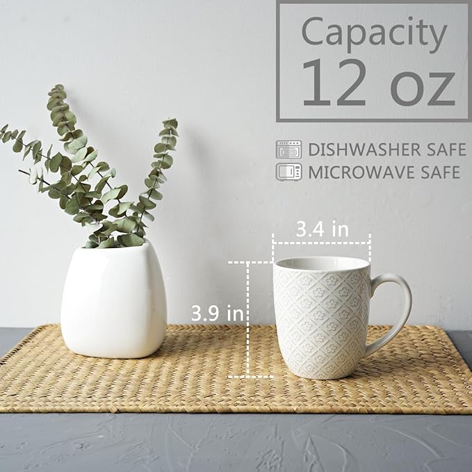 Bosmarlin Ceramic Coffee Mug Set of 4, 12 Oz, Tea Cups, Dishwasher and Microwave Safe (White, 12 oz)