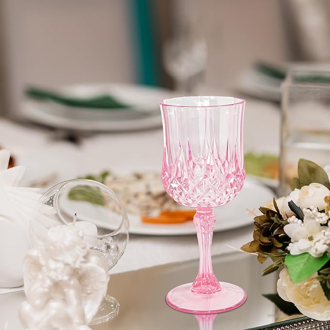 12 Pcs Pink Plastic Wine Glasses, Plastic Goblets Vintage Style Cordial Glasses Drinking Glasses Pink Goblets For Home, Office, Bars, Wedding, Ribbed (7 oz)