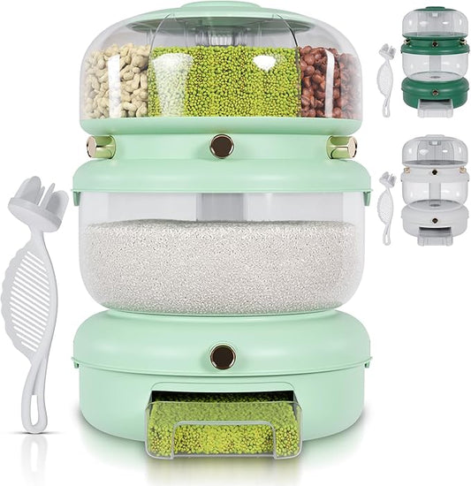 Rice & Multi-Grain Dispenser – Airtight 3-in-1 Rotating Food Storage with Strainer, Holds Up to 22 lbs (12 lb Bulk + 6 Compartments)