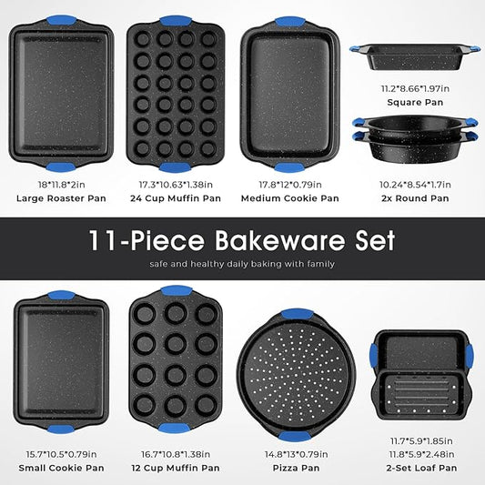 11-Piece Professional Stackable Baking Set, Oven-Safe Nonstick Cookware with Cool-Touch Handles - Features Cookie Sheet, Cake Pan, Muffin Tin, Pizza Stone & Bread Loaf Pan, Black&Blue