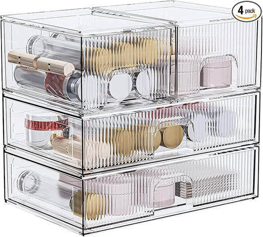 ZHIAI Stackable Storage Box, Acrylic Organizer, Cosmetic Organizer for Cosmetics and Beauty Products for Dressers, Bathrooms, Cabinets, Bedrooms and Home Organization 4 Piece Set