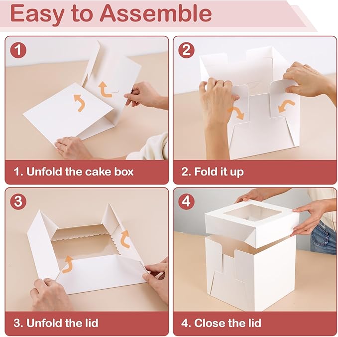WINKIO Cake Box with Cake Boards, 2 Pack 8 In Disposable Cake Carrier, Cakes Transport Container, White Bakery Holder with Window (2, white, 8x8x8 In)