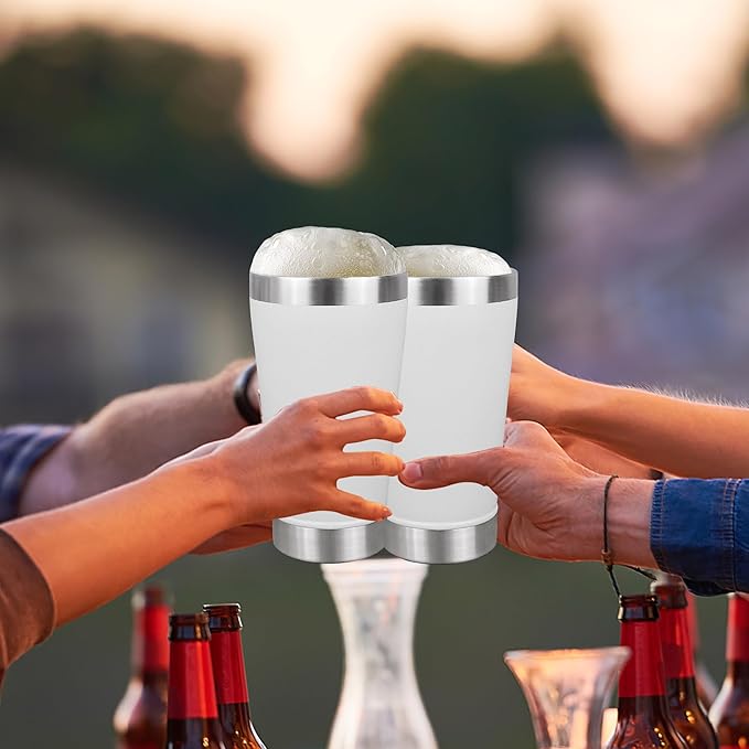 16 oz Beer Tumber Insulated Set of 4, Pint Glass Stainless Steel Double Walled, Stackable Cold Drinking Cup Mug Stein, White, Ideal for Beer Lover, Coffee, Outdoor