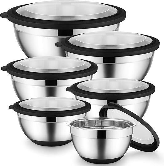 Onader Mixing Bowls with Lids Set of 6 for Kitchen, Stainless Steel Metal Nesting Bowls with Non-Slip Bottom Black - Size 1, 1.5, 2, 2.6, 3.5, 7QT