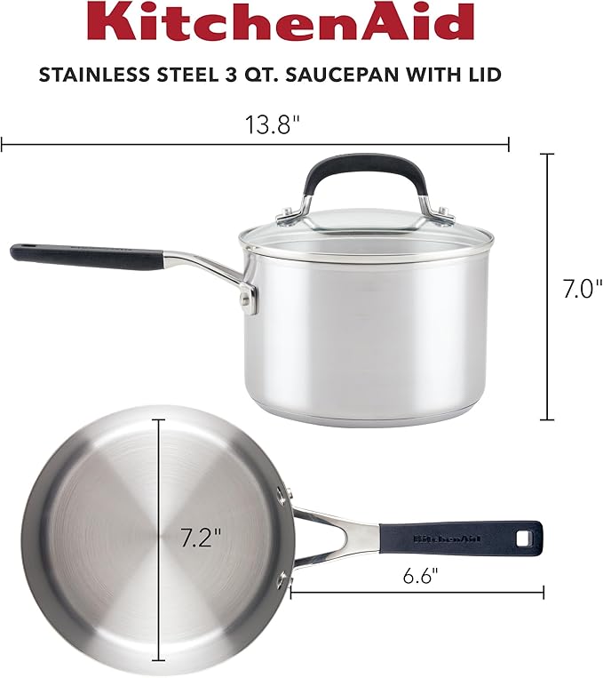 KitchenAid Stainless Steel Induction Saucepan with Lid, 3 Quart - Brushed Stainless Steel