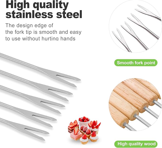 ZukoCert 6Pcs Stainless Steel Fondue Forks, Color-Coded 9.5 Inch Fondue Sticks with Wooden Handle, Heat Resistant Skewers for Cheese, Chocolate Fountain, Roast Marshmallows, Fruits