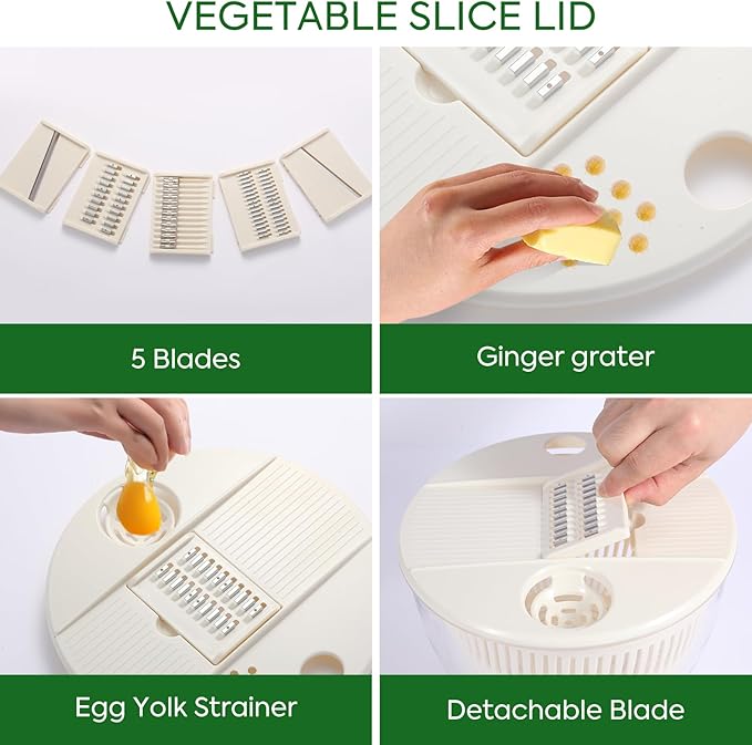 Large Salad Spinner and Slicer - 5.3 Qt, Grater with Container and Lid & Kitchen Gadget set, Vegetable Dryer Grater, with Fruits Wash Bowl, with Slicer and Shredder (Ivory White)