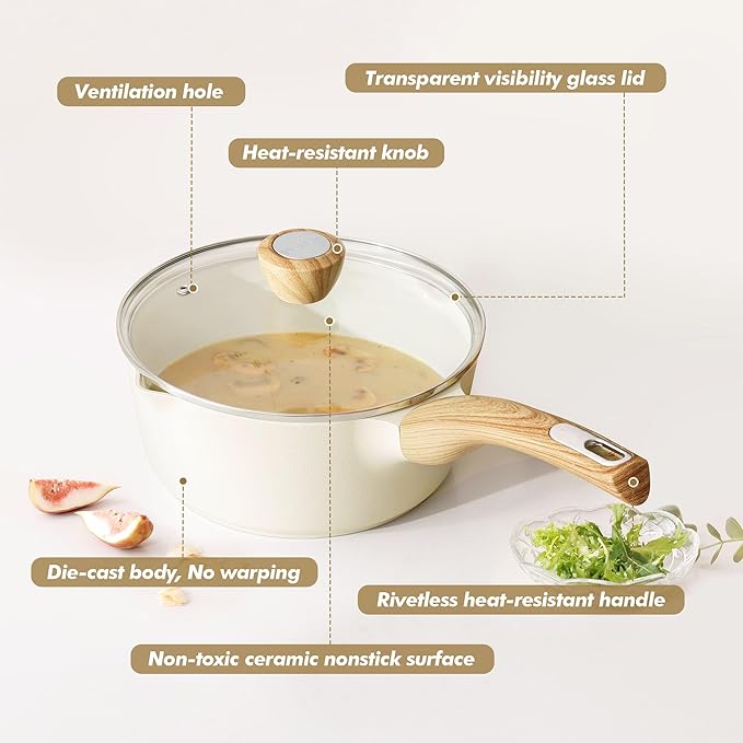 SENSARTE 2.0 & 3.0 Quart Ceramic Sauce Pan Sets with Lid, Cooking Pots Set, Nonstick Saucepan Set with Pour Spout, Small Kitchen Pot, Non toxic Saucepot, Induction Comptable, PFOA PTFE PFAS Free