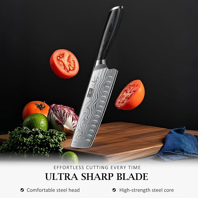 7 Inch Nakiri Knife, Japanese High Carbon Powder Steel Vegetable Cleaver Knife for Chopping, Razor Sharp Multipurpose Asian Chef Knife with Ergonomic Handle