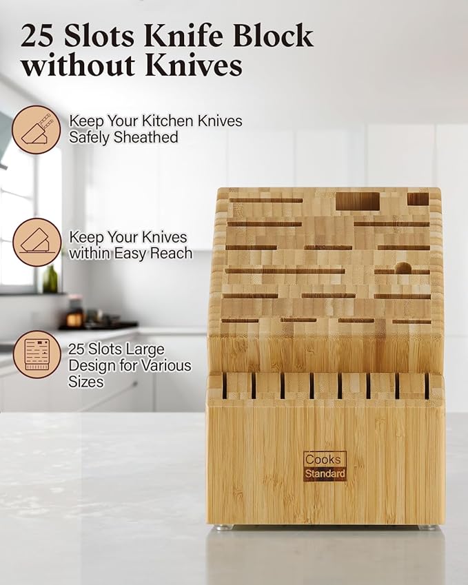 Cooks Standard Bamboo Knife Block Holder without Knives, 25 Slot X-Large Universal Countertop Butcher Block Kitchen Knife Stand for Easy Kitchen Storage