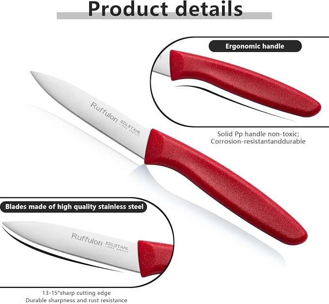 Paring Knife Fruit Knife Set (6 Pieces), Ultra Sharp Stainless Steel Vegetable and Fruit Knife with PP Plastic Ergonomic Handle for Cutting Fruits and Vegetables,Red