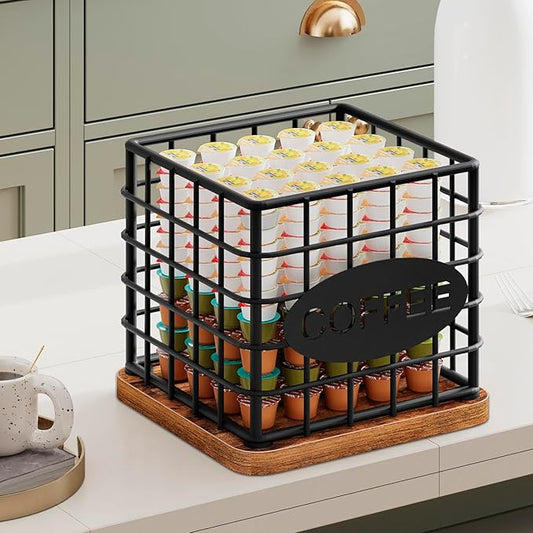 Coffee Pod Holder Organizer, Large Capacity Coffee Pod Basket for K Cup, Coffee Capsule Storage Basket with Wooden Base, Space Saving, for Kitchen Countertop, Black and Rustic Brown KH10BR