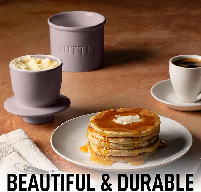 Zulay Kitchen Porcelain Butter Crock With Lid & Knife - Authentic French Butter Dish For Fresh & Spreadable Butter - Violet Dusk