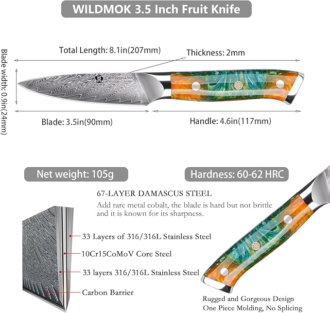 WILDMOK Damascus Paring Knife, 3.5 Inch Japanese 67 Layers Damascus Steel Fruit Knife, Ultra Sharp Resin Handle