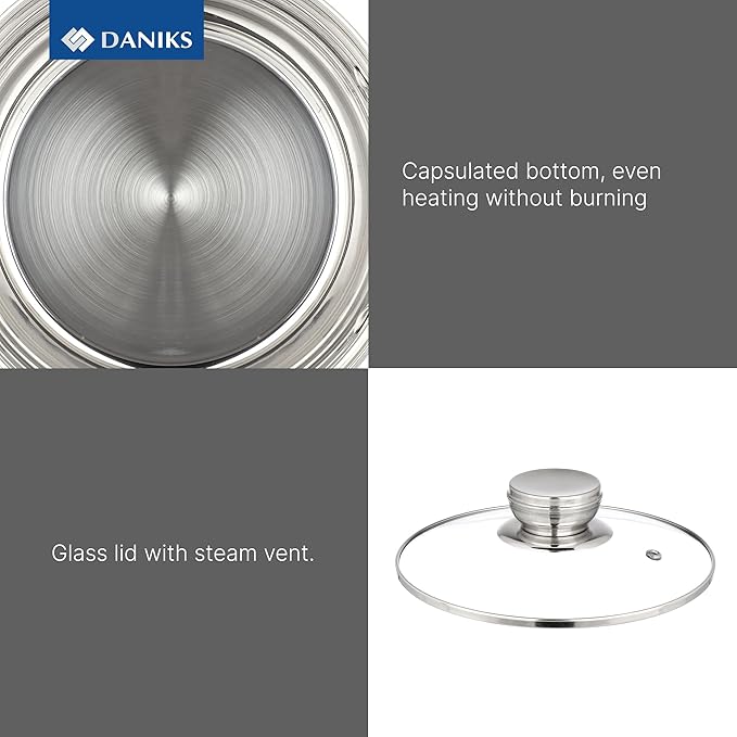 Daniks Standard Stainless Steel Stock Pot with Glass Lid – Induction 7 Quart, Dishwasher Safe, Measuring Scale, For Soup, Pasta, Stew, Silver