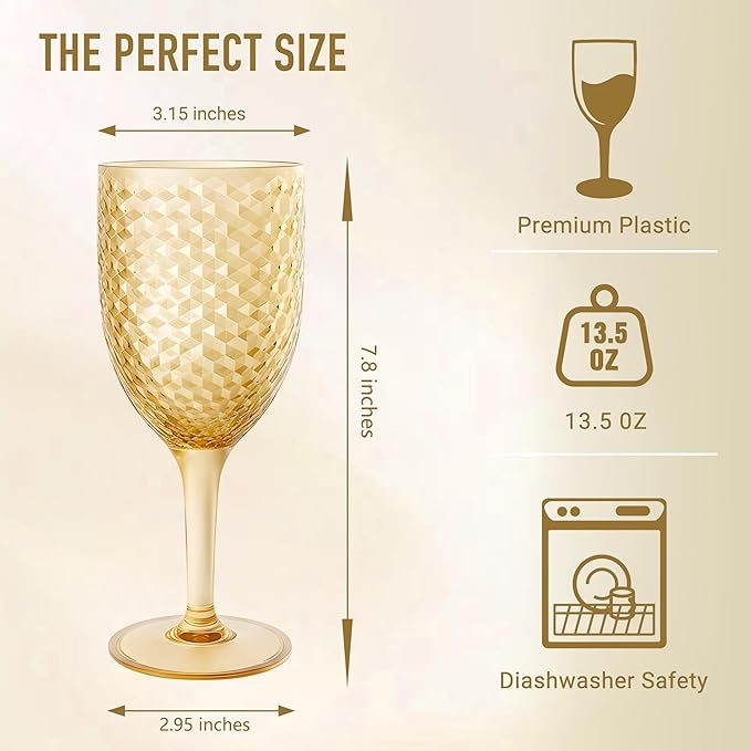 12PCS Gold Plastic Wine Glasses 13oz,Acrylic Goblets Toasting Glassware,Unbreakable Cups Drinking Glasses for Bar Party,Wedding