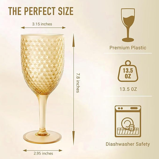12PCS Gold Plastic Wine Glasses 13oz,Acrylic Goblets Toasting Glassware,Unbreakable Cups Drinking Glasses for Bar Party,Wedding