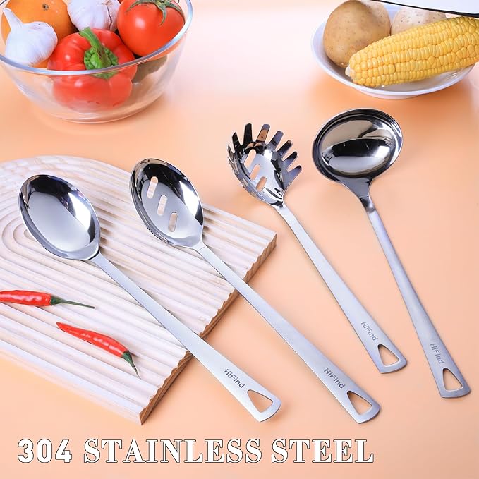 4PCS Cooking Utensils Set, Stainless Steel Kitchen Utensils Set, Durable Kitchenware Set for Cooking, Utensils Set with Slotted Serving Spoon, Spaghetti Fork, Ladle, Solid Serving Spoon