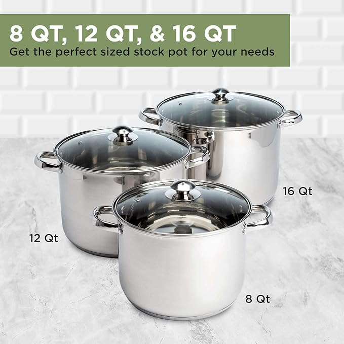 Ecolution Pure Intentions Stock Pot - Features Tempered Glass Lid, Stay-Cool Handles, and Encapsulated Bottom - Oven Safe - Curbside Recyclable Stainless Steel - 12 Quarts