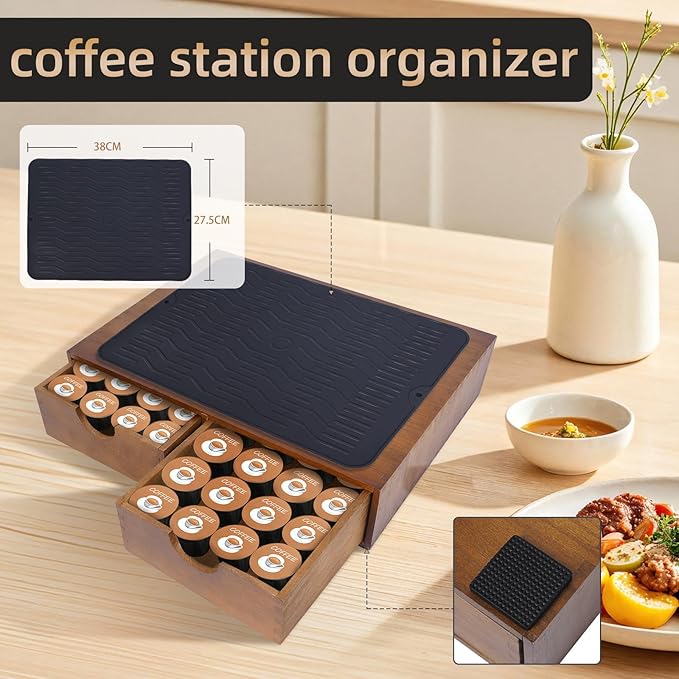 Wooden Coffee Pod Holder Drawer With Silicone Non-Slip Pad,K Cup Organizer Storage Box,Kcup Drawer and Tea Organizer Under Brewer,30 Pod Capacity,Countertop Coffee Station Organizer for Machine Stand