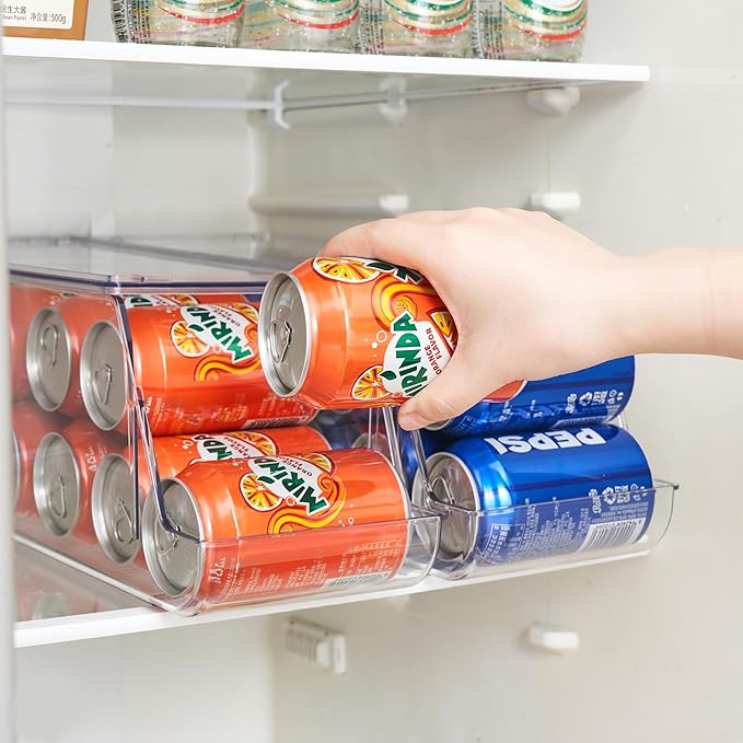 Prsildan Large Soda Can Organizer with Lid, Rolling Soda Dispenser for Refrigerator, Clear Acrylic Drink Dispenser for Fridge Organizer Bins - Stackable Pantry Storage - Holds 12 Cans Each - 2 Pack