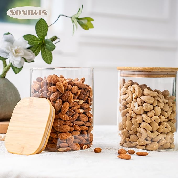 51oz 3PCS Glass Storage Container with Wood Lid for Kitchen Organization, Food Storage Pantry Jar with Airtight Lids for Cereal, Oat, Pasta, Flour, Rice, Sugar, Tea, Coffee, Cookie, Candy