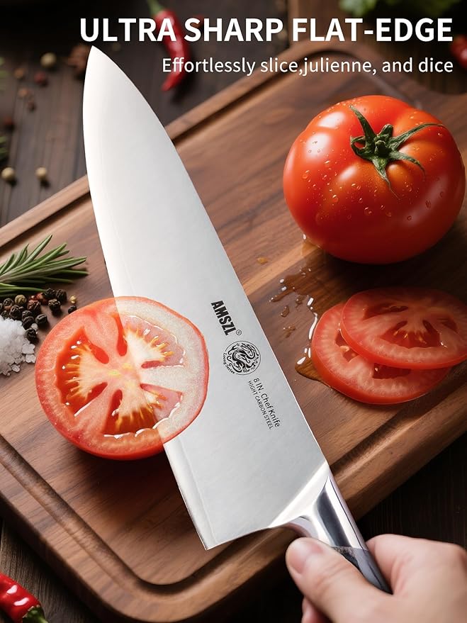 LOONG 8 inch Chef Knife, 9Cr18MoV High Carbon Steel Kitchen Knife, Ultra Sharp & Durable, Ergonomic Brown PakkaWood Handle