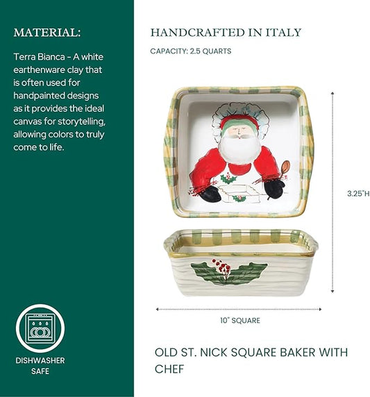 Vietri Old St. Nick Square Baker w/Chef, Christmas Oven Baking Dish, Earthenware Bake & Serve Pan