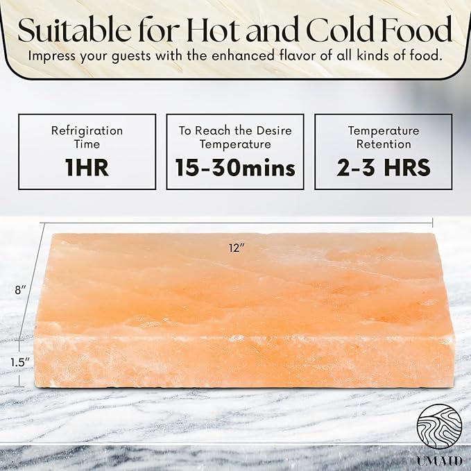 UMAID Himalayan Salt Block For Grilling, Cooking, Cutting and Serving,12X8X1.5 Food Grade Himalayan Pink Salt Stone on Stainless Steel Plate & Recipe Booklet, Unique Gifts for Men, Women, Chef, Cooks