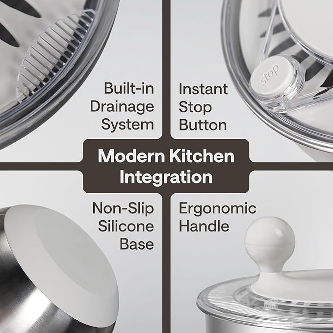 Stainless Steel Salad Spinner – Large Lettuce Dryer with Non-Slip Base & Instant Stop, BPA-Free Vegetable Washer, 5.3 Qt Cream White – Durable, Elegant & Premium