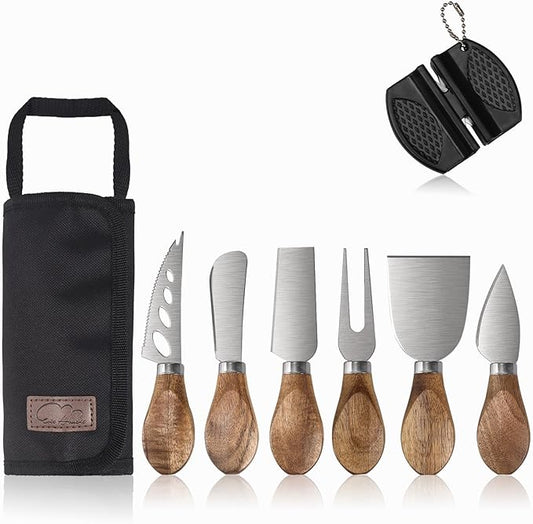 Esie Houzie Charcuterie Board Accessories - 6 Piece Cheese Knife Set Stainless Steel With Acacia Wooden Handle for Cheese Serving Cutting, Cheese Tools Butter Knife With Storage Bag Included Gift Set