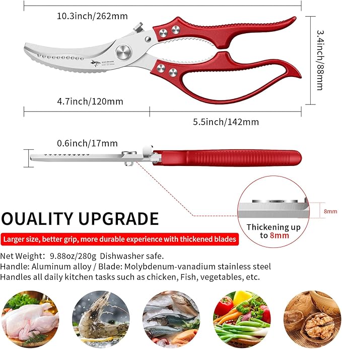 MAD SHARK Professional Heavy Duty Poultry Shears - Kitchen Shears for Spatchcocking Chicken and Meat Cutting, Multi-Purpose Kitchen Scissors for Food, Spring-loaded (Red)