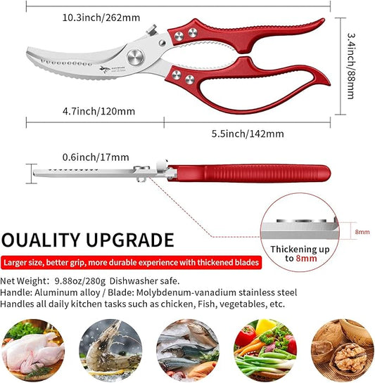 MAD SHARK Professional Heavy Duty Poultry Shears - Kitchen Shears for Spatchcocking Chicken and Meat Cutting, Multi-Purpose Kitchen Scissors for Food, Spring-loaded (Red)