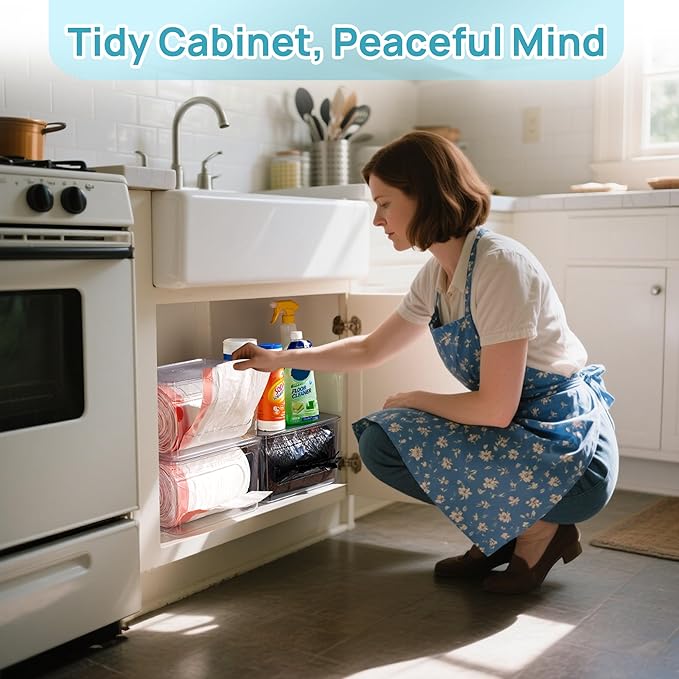 Vtopmart 2 Pack Trash Bag Holder, Stackable Garbage Bag Dispenser for 13/30/33 Gallon Bags, Clear Organizer Bins for Under Kitchen Sink, Laundry Room Organization and Storage