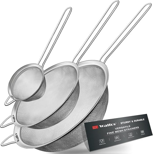 Walfos Fine Mesh Strainer Set of 3, Stainless Steel Wire Strainers for Kitchen, Multipurpose Metal Fine Sieve with Handle, Perfect for Food, Rice, Quinoa, 2.7", 4.6", 7"