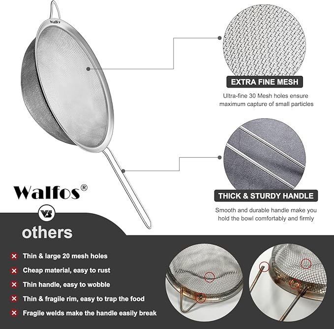 Walfos 9.35 Inch Large Fine Mesh Strainer, Stainless Steel 30 Mesh Sieve with Sturdy Handle, Kitchen Food Strainers Sifters for Rice, Quinoa, Pasta, Fruits, Vegetables, etc.